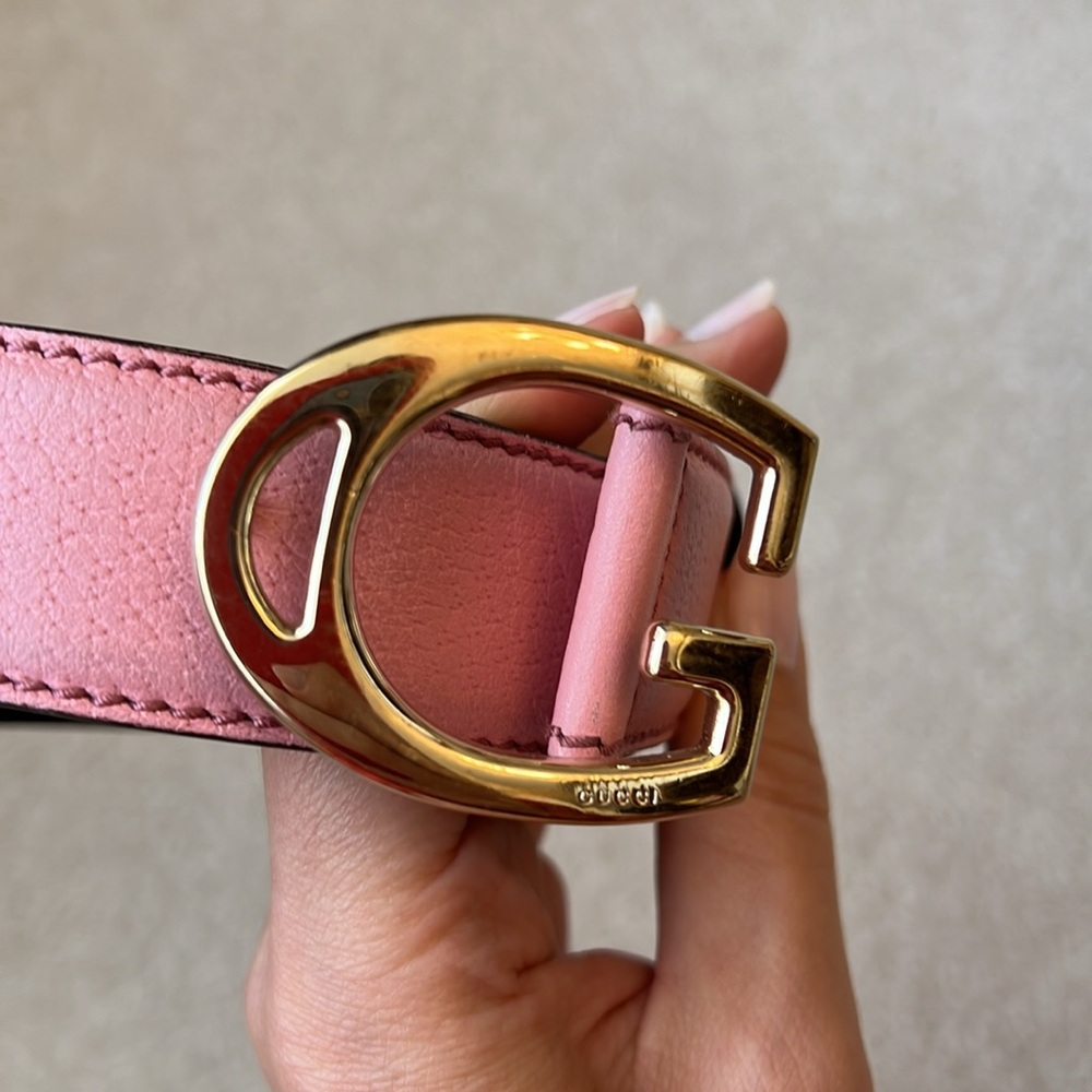 Gucci Pink Leather Gold “G” Belt - Picture 9 of 10